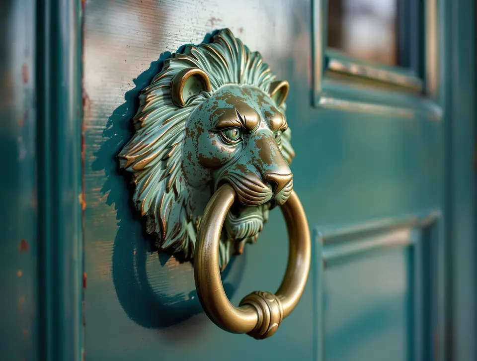 An aged brass lion-head door knocker with green patina on a deep teal painted door.