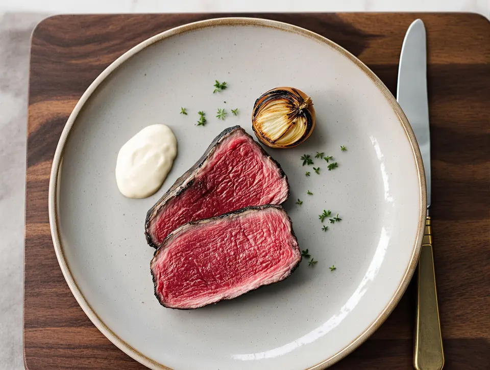 Two slices of pink-edged Hereford beef on a stoneware plate with horseradish creme.