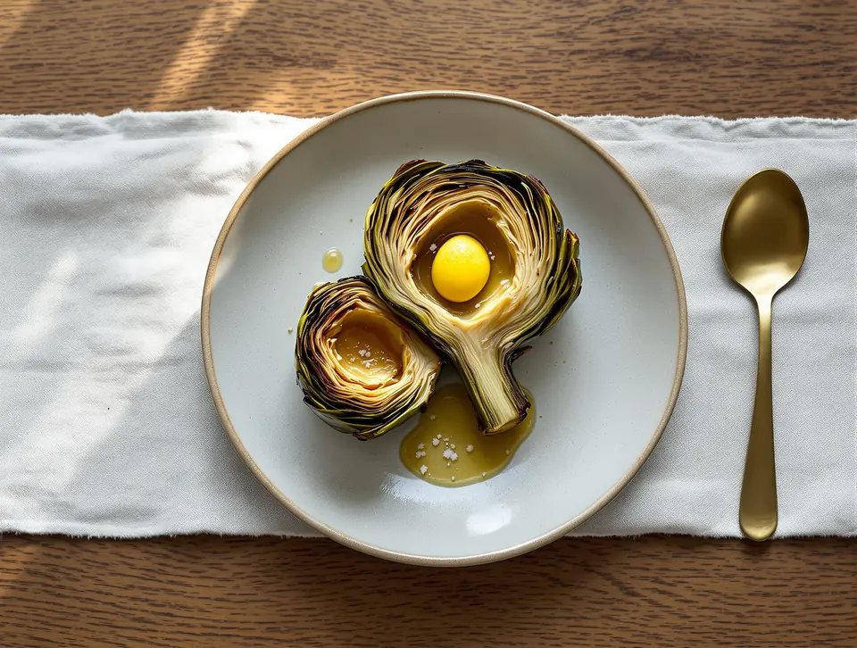 A roasted globe artichoke split in half with golden butter pooling in the centre.