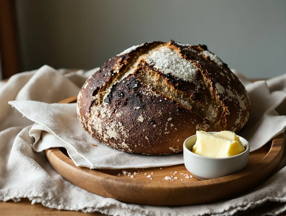 A dark crusted sourdough loaf torn open with cultured butter on the side.