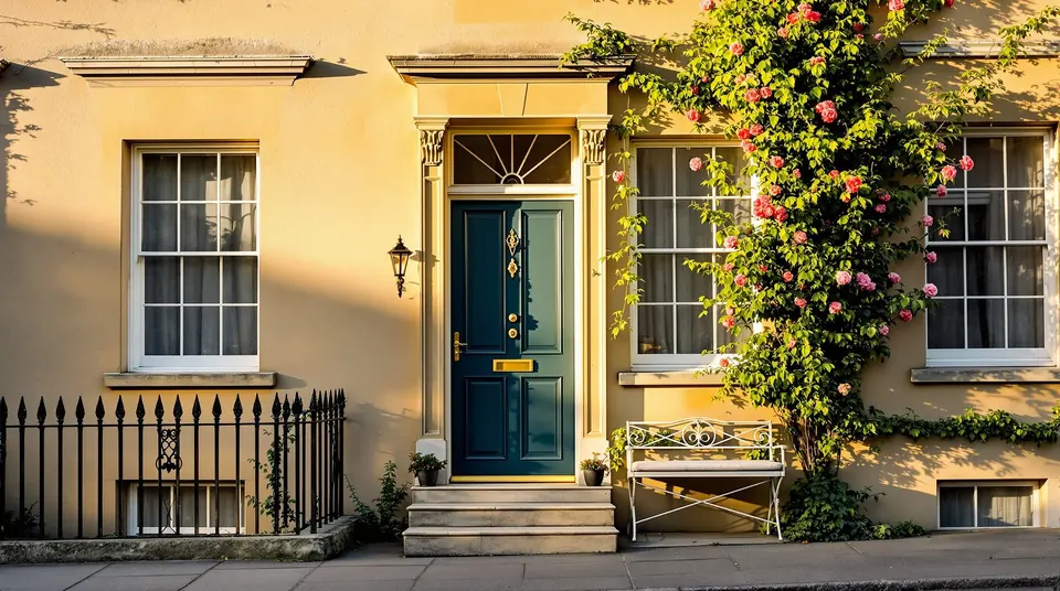 The painted front door of Beckford House at twelve Lansdown Crescent, Bath, in late afternoon light.