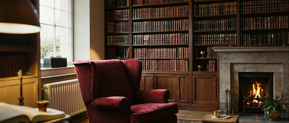 The library snug on the ground floor, oxblood velvet wing chair beside a stone fireplace, walls of leather books.