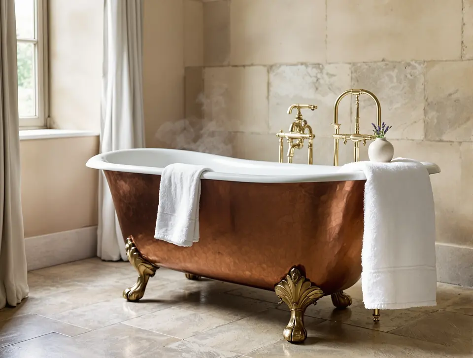 Hammered copper bathtub on stone flags, brass taps, lavender on the side.